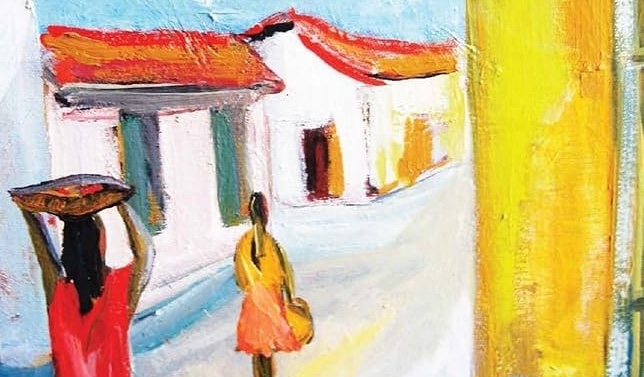 Cover illustration for the book Cuéntame showing a woman wearing red carrying something overhead and a woman wearing yellow. Both are walking down a street with white buildings and tan roofs. The sky is blue.